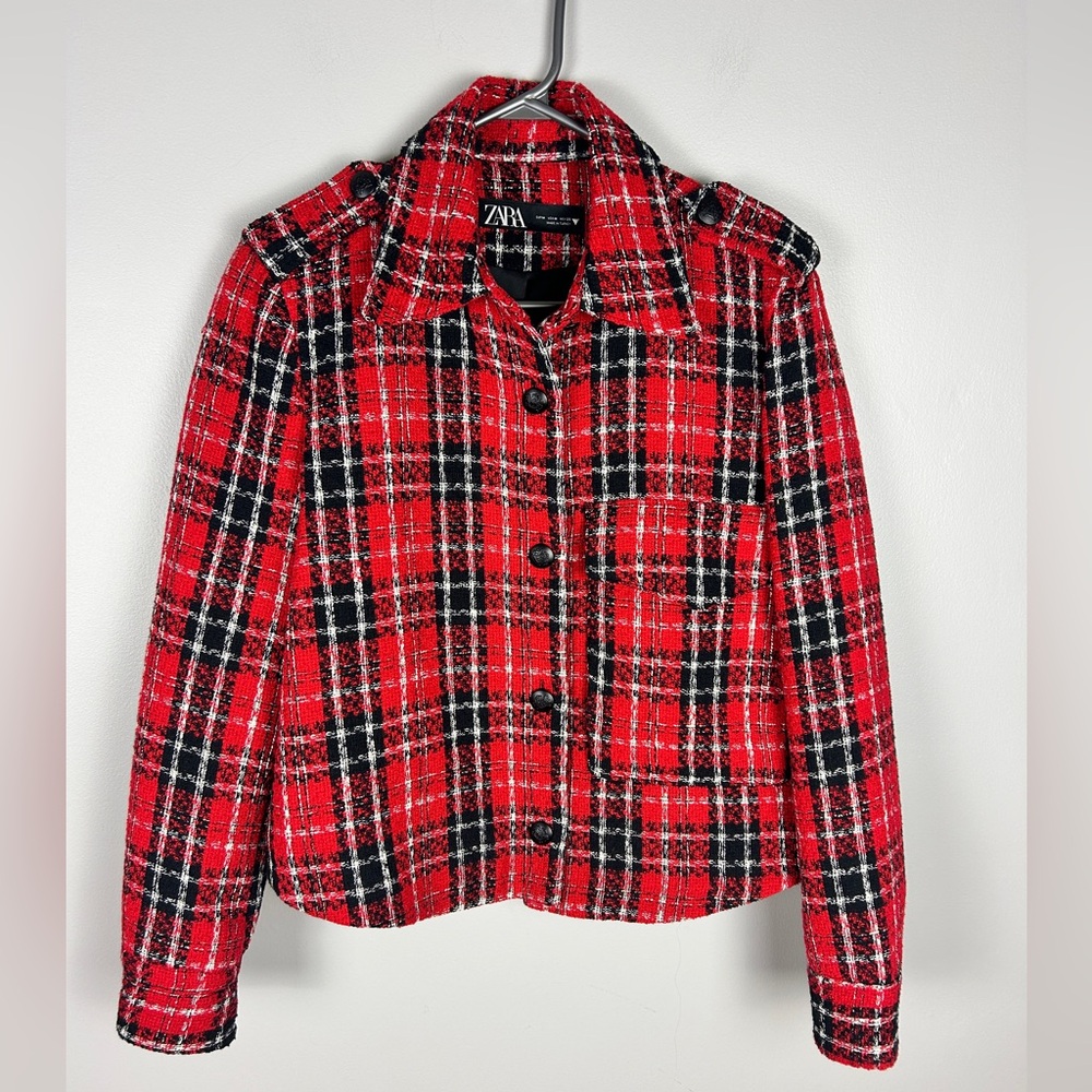 ZARA Tweed Plaid Jacket Cropped Size Medium Red White Black Pocket Clueless